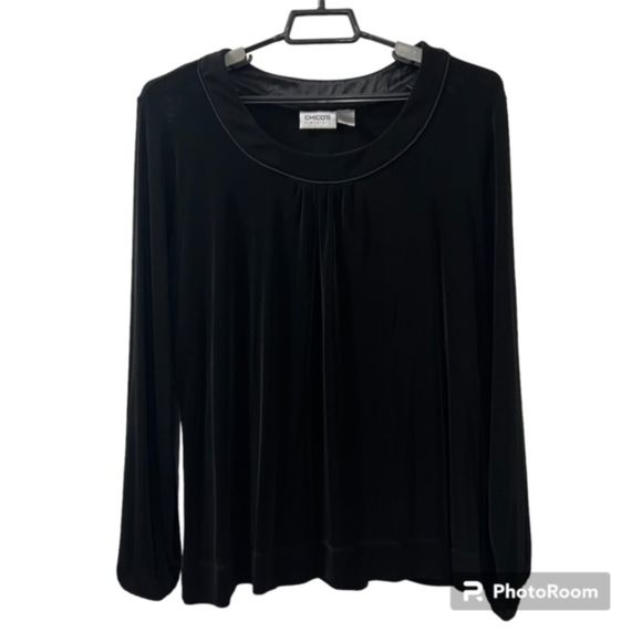 Chicos Travelers Womens Black Acetate Stretch Scoop Neck Long Sleeve Top Size 3 - Picture 1 of 11
